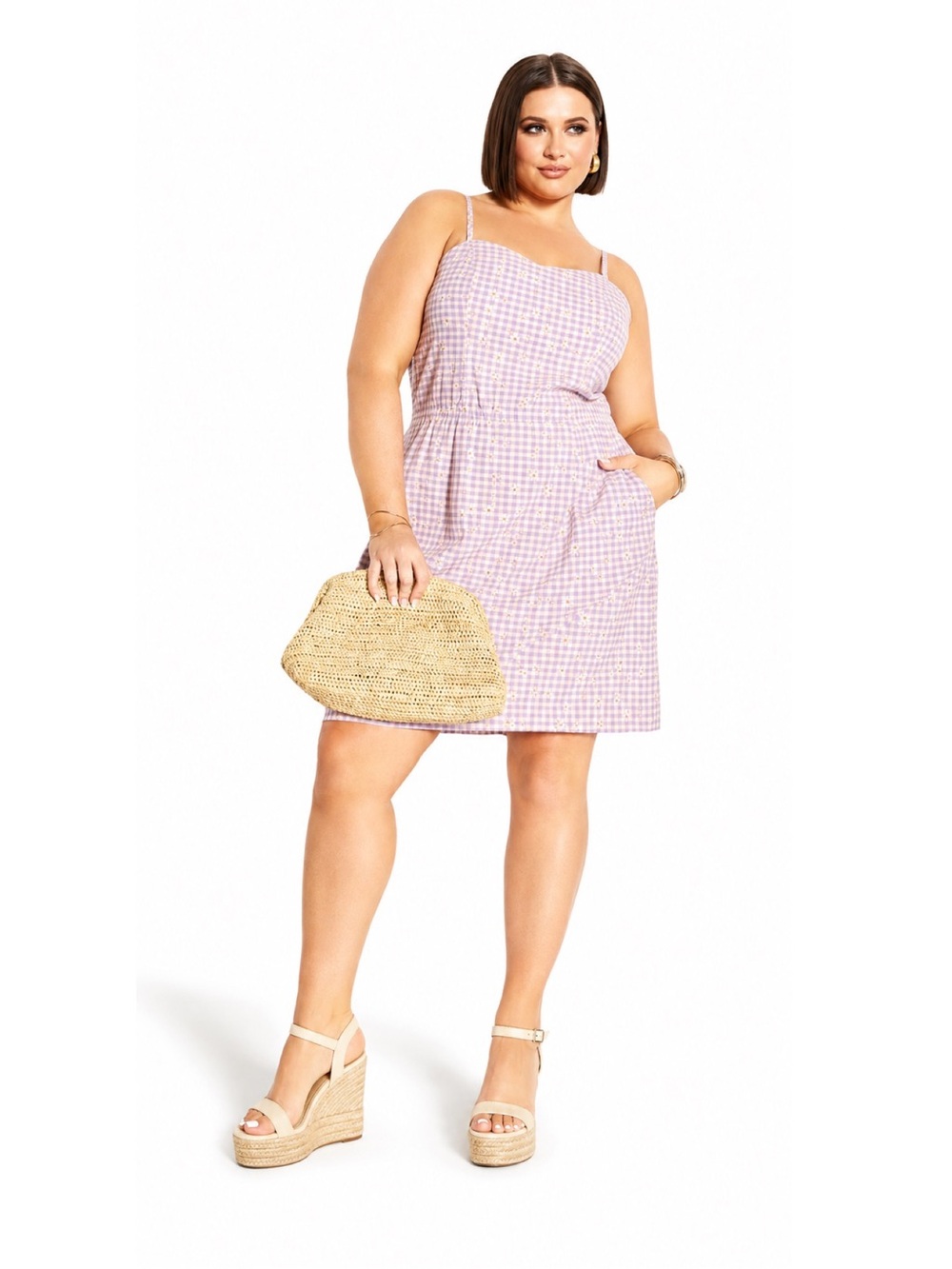 City Chic Gingham Daisy Riley Dress Smocked Back NEW